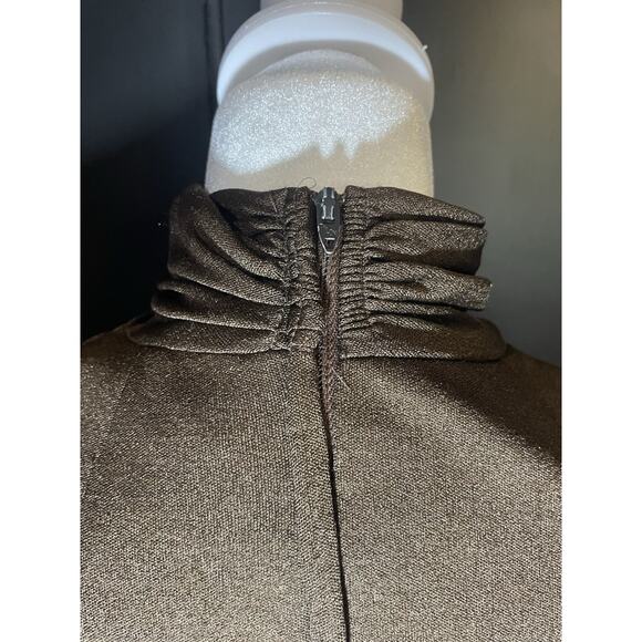 1970s Metallic Bronze Gown w/Draped High Neck/Long Sleeve Maxi–Talon Zipper - Picture 5 of 11